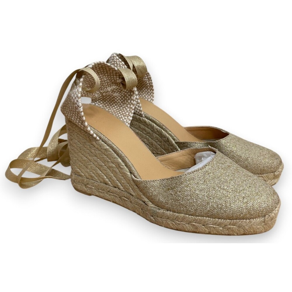 Castaner Carina Wedge Espadrilles Womens 38 7.5 Gold Wedges Sandals Lace Up New